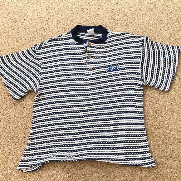 Guess Women's Medium BlueWhite Waffle Knit Henley Pullover Wide Short Sleeve Top - Picture 1 of 9